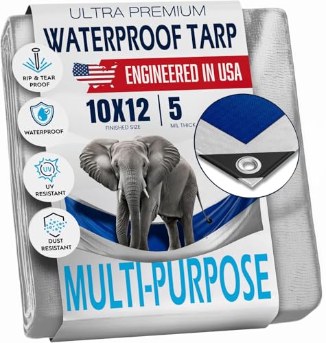 10x12 Tarp Waterproof Plastic Tarp - Grommets Every 18 Inches - 5 Mil - Multipurpose Water Proof Cover for Rain, Outdoor, Garden, Camping, Emergency Survival (Reversible Tarpaulin, Blue and Silver) by KING-A-MA-JIGS - Used condition - US$14.39