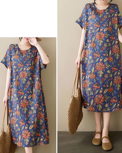 Image of LUZU JUNU Women's Summer Baggy Plus Size Loose Cotton Linen Long Boho Beach Dress with Pockets