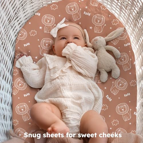 Image of Baby Bassinet Sheets, 3 Pack Fitted Bassinet Mattress Sheets, Compatible with Halo Bassinest Swivel Sleeper & Oval Hourglass Rectangle Mattress, Ultra Soft Brown Lion