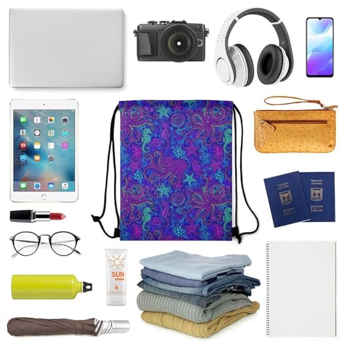 Image of Travel Drawstring Backpack Theft Proof Cinch Sack Water Resistant Sackpack for Camping Hiking Outdoor Sports, Trippy Octopus Art Blue Bags