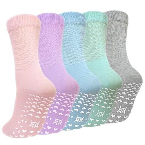 Image of CaiDieNu Non Slip Socks for Women: Non Skid Grip Socks for Elderly Hospital | Non Binding Grippy Crew Slipper Socks for Pregnant & Daily Wear, Wide Grippers Prevent Falls, Great Gifts for Seniors 5 Pairs