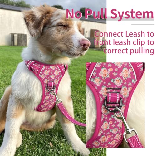 Image of HEELE No Pull Large Dog Harness, Soft Breathable Padded Vest, Flower Rose L | Reflective Front Clip Vest with Control Handle, No Choke, Adjustable 2 Metal Rings for Outdoor Walking Training