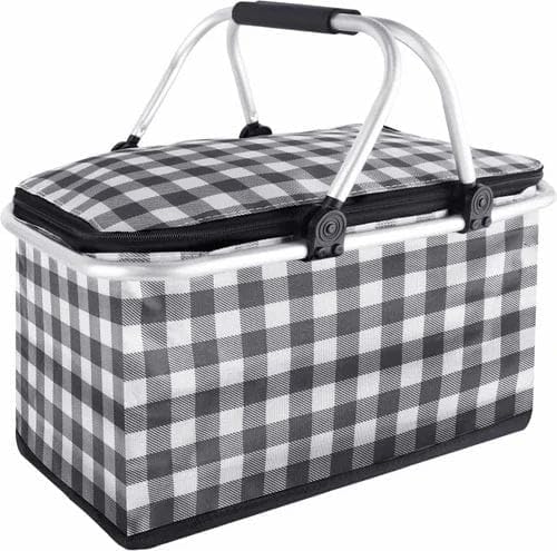 Insulated Folding Picnic Basket with Lid - Large Capacity Collapsible Oxford Picnic and Shopping Basket with Aluminum Handles, Zipper Closure, for Outdoor Travel, Grocery,Market,Camping.Family .Picnic