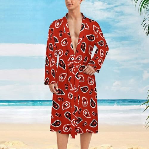 Red Paisley Bandana Mens Robe Long-sleeve Spa Bathrobe Lightweight Nightgown Sleepwear for Shower Bath2