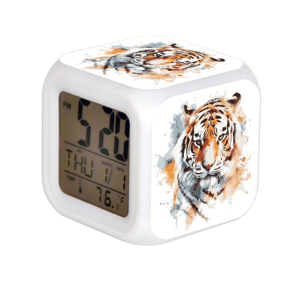 7 Color Change LED Digital Alarm Clock with Date Alarm Thermometer Home Desktop Child Alarm Clock Tiger Drawn with Watercolor