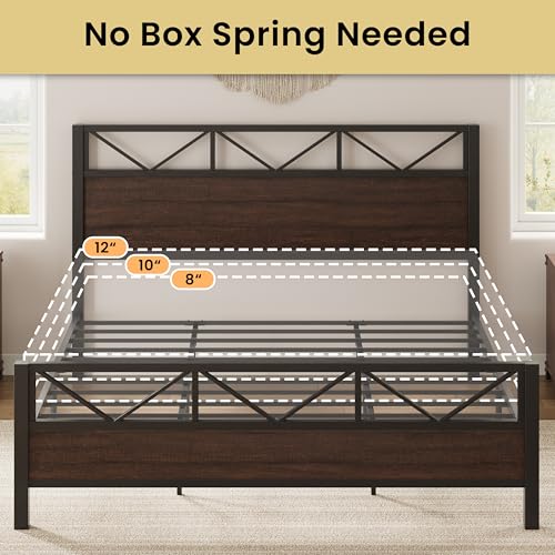 Image of LIKIMIO California King Bed Frame, Tall Industrial Headboard 51.1 inch, Platform Bed Frame with Strong Metal Support, Solid and Stable, Noise Free, No Box Spring Needed, Easy Assembly, Dark Brown