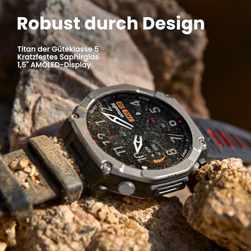 Amazfit T-Rex Ultra 2 Dual Band GPS Outdoor Smartwatch, 51 mm Titanium Case, 1.5 Inch Sapphire AMOLED Display, Torch, 30 Days Battery Life, Offline Maps, 10 ATM, 180+ Sports Modes for Android & iPhone