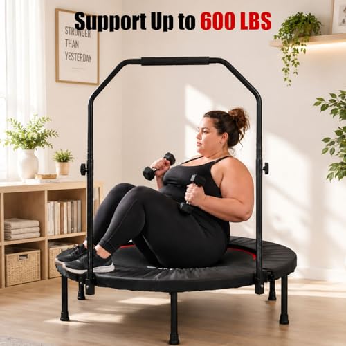 Image of SkyBound Rebounder Trampoline for Adults - Indoor Mini Trampoline with Bar, Fitness Rebounder with 3 Adjustable Foam Handles, Exercise Trampoline for Adults Indoor /Garden Workout