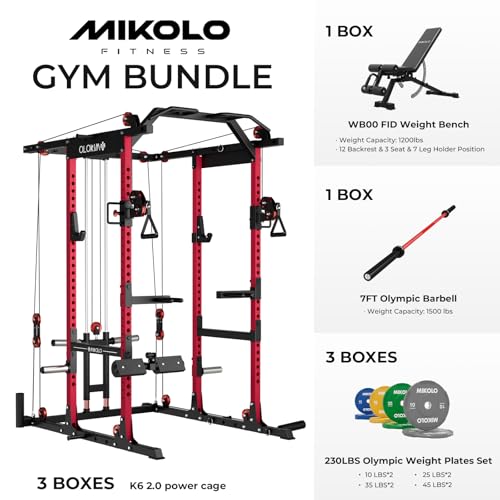 Image of Mikolo K6 2.0 Power Cage, Power Rack with Cable Crossover System, 2000LBS Squat Rack with LAT Pull Down System, Functional Trainer with Aluminum Pulley System for Home Gym