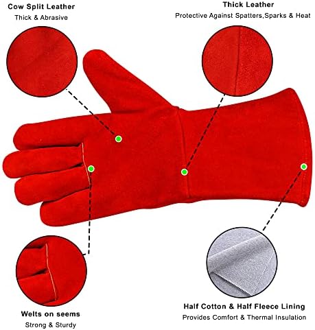 SAFTA Extreme Heat Resistant Gloves, Cow leather with Kevlar Stitching, Ideal Welding gloves for TIG and MIG , Perfect BBQ gloves for cooking in Grill and Oven, (Size 10, RED)