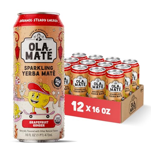 Yerba Mate Energy Drink - Low Sugar Sparkling Tea Cans with Ashwagandha, Lion’s Mane, USDA Organic Clean Energy Drink with 150mg Natural Caffeine, Ola Mate Grapefruit Ginger