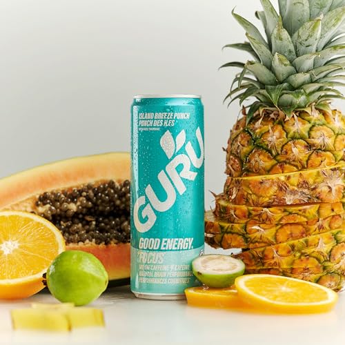 Image of GURU Energy Drink, Island Breeze Organic Sparkling Energy Drink with Real Fruit Juice + L Theanine, 140 MG Natural Caffeine for Workouts, Performance & Midday Boost, Plant Based, Gluten Free, 12 Fl Oz, 24 Pack