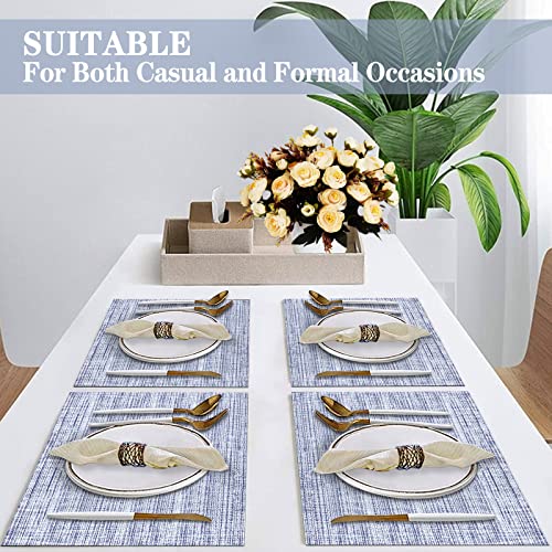Beteam Placemats Set Of 6, Woven Vinyl Placemats, Washable & Durable Table Placemats, Indoor/Outdoor Use Table Mats, Blue White #TOP5