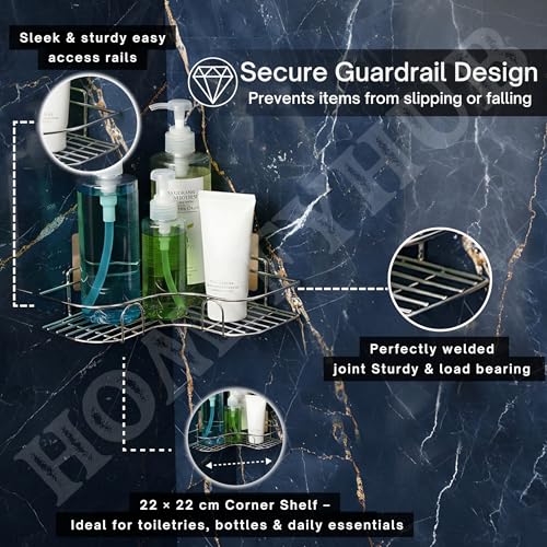 Image of Stainless Steel Corner L Shelf Storage Organizer Bathroom & Kitchen | No Drill Self Adhesive Corner Stand for Kitchen Sink | Wall Mount Bathroom Organiser Shelves Rustproof (Set of 1)