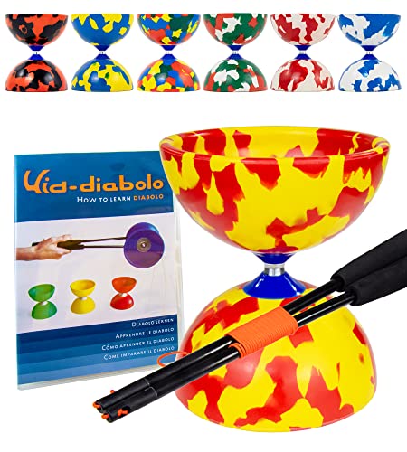 Juggle Dream Jester Diabolo Jonglage Kit - Axe Fixe Diabolo Professionnel avec Baguettes Superglass Vidéo d'apprentissage en Ligne - Jouets de Jonglage (Rouge/Jaune)