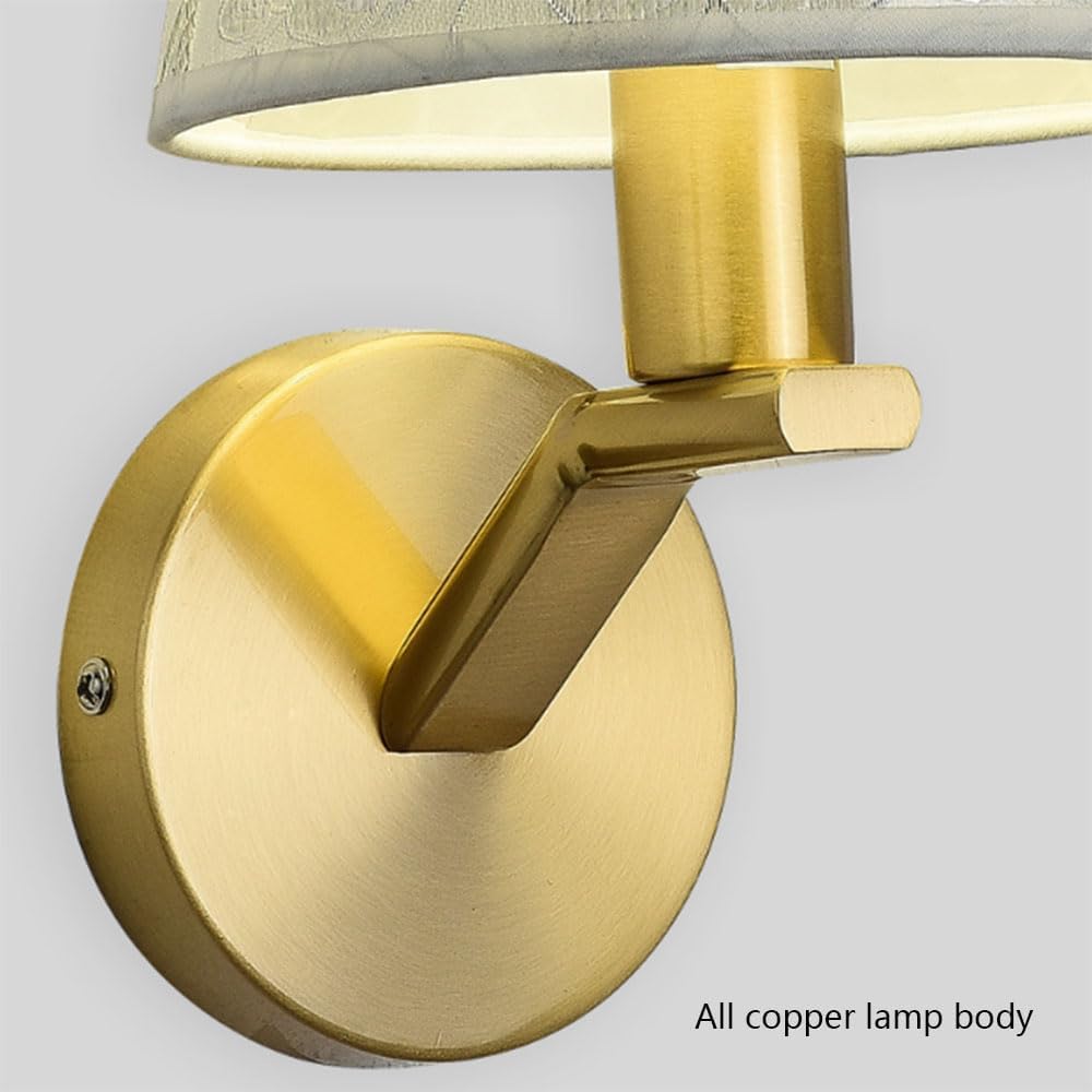 Pełna miedziana lampa ścienna z kwiecistym kloszem z tkaniny - elegancka ściana E14