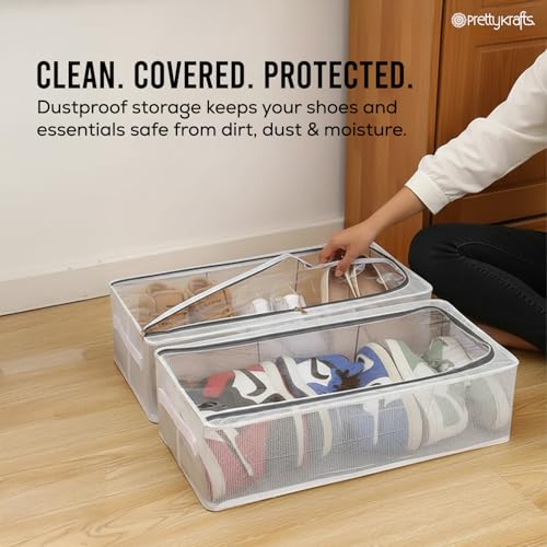 Image of PrettyKrafts Shoe Storage Box, Clear Plastic Stackable Shoe Box, Space Saving Foldable Multipurpose Storage Organizer for Shoes & Blankets, Clothes, UnderBed & Closet Storage (62 x 33 x 34 cm)