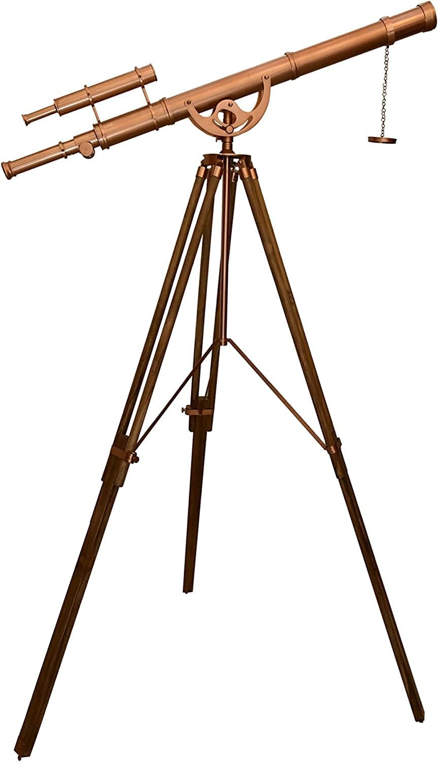 Vintage Handmade Marine Navy Shiny Copper Finish Brass Telescope with Natural Wooen Teak Tripod Stand