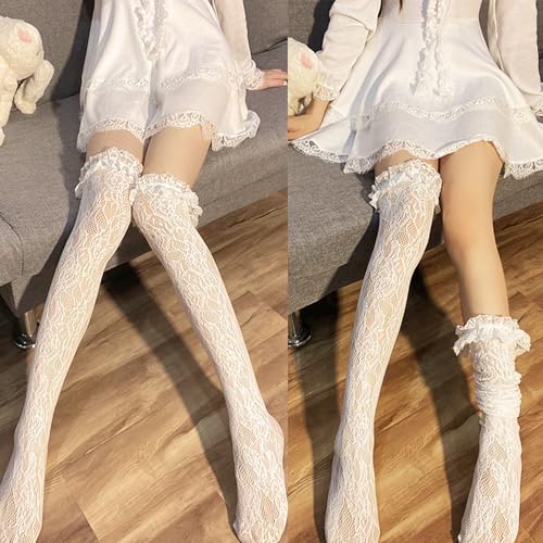 Image of Thigh High Stockings with Bow, Santa Accessory Y2K Fishnet Socks with Lace Brim Lingerie Tights for Women