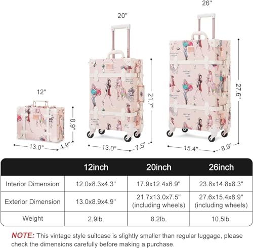 Checked Luggage Carry On Luggage 2 Piece Vintage Suitcase Set,Cute Travel Luggage with 12" Handbag, Hardside Faux Leather Luggage Suitcase (Color : A, Size : 26"+12")2