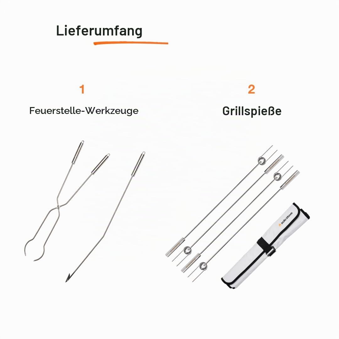 Solo Stove Grillspieße und Werkzeug für Feuerschale | Accessoire Set für Feuerstelle und Lagerfeuer, Inkl. 4x Grillspieße (91,5 cm) mit Aufbewahrungstasche, Zange (81,5 cm), Schürhaken (92,5 cm)