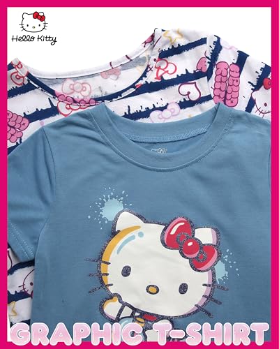 Image of Hello Kitty Girls Shirts - 2 Pack Cotton Blend Short Sleeve Tops - Crewneck Cute Graphic Girls Tee Shirt Pack Blue /White Stripes
