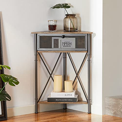 VECELO Corner Cabinet/Table, 3-Tier Display Shelves with Protection Door, Metal