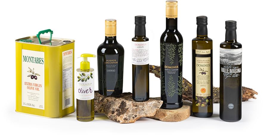 Assortment of olive oil products including Montabes tin