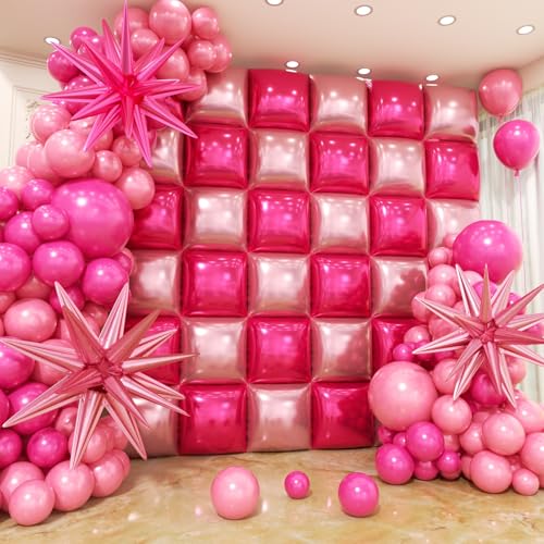 36pcs Hot Pink and Pink Square Foil Balloons Wall Backdrop with 1...