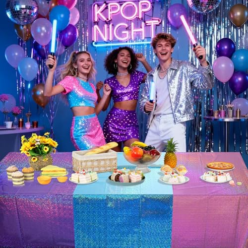 Image of FunnyPars 3 Pack Iridescent Pink Purple and Blue Kpop Plastic Tablecloths, Disposable Rectangle Table Covers, Holographic Metallic Foil Tablecloth Party Decorations for Kpop Birthday, 54x108 Inch