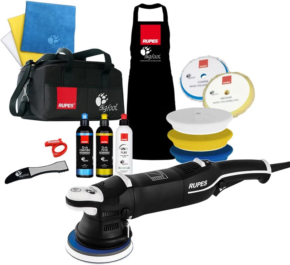 RUPES LHR15 Mark III Buffer Polisher for Car Detailing, Orbital Cleaner, Car Cleaning Tool for Washing, with Polisher, Compound, Foam, Wool & Claw Pad, Cable Clamp & Towels (Complete Kit)