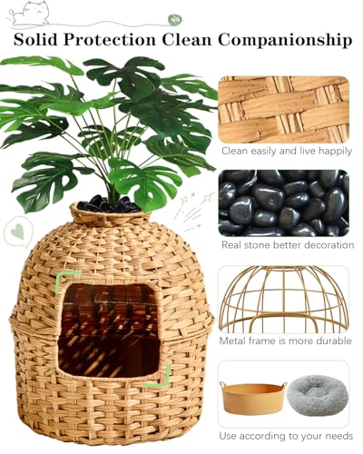 Image of SETVSON Cat Litter Box Plant Furniture Enclosure, Hidden Handwoven Rattan with Cat Litter Box and Artificial Plants, Odor Control Filter, Real Stones in Living Room, Bedroom, Corner Natural