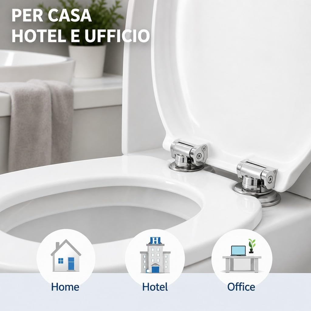 Cerniere Copriwater Universali Acciaio Inox HM con Viti e Guarnizioni, Kit Fissaggio Sedile WC Rotondo MDF Legno Resina, Ricambio Tavoletta WC