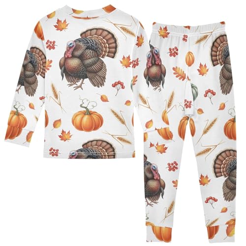 Pajama Sets Long Sleeve Autumn Turkey with Leaves Pumpkins Soft Comfy Sleepwear 2 Piece PJS 3-8T3