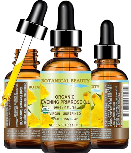 Botanical Beauty Organic EVENING PRIMROSE OIL 100% Pure Natural Undiluted Unrefined Virgin Cold Pressed Carrier Oil. 0.5 Fl.oz.- 15 ml for face skin hair nails