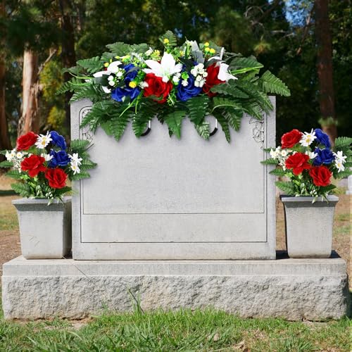 Riceshoot 3 Pcs Patriotic Artificial Cemetery Flowers Set Headstone Saddle Memorial Wildflower Bouquets Outdoor 4th July Grave Decoration Grave Saddle Memorial Flower for Veteran Gravesite