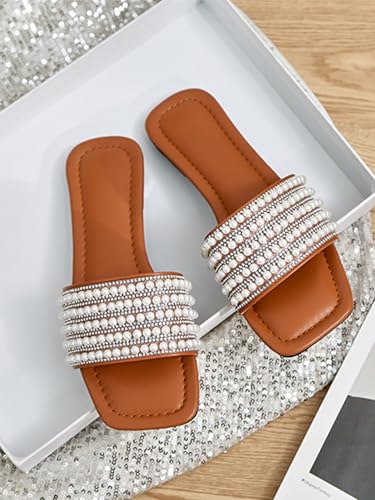Women's Pearls Decro Flat Glitter Rhinestone Sandals Open Toe Slip On Slippers4