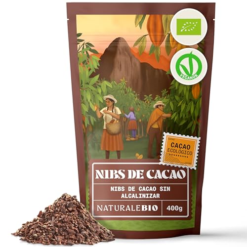 NaturaleBio Nibs de Cacao Crudo Ecológico 400g. Puntas Bio, Natural y Puro. Cultivado en regiones Tropicales a partir de la planta Theobroma cacao. Fuente de magnesio, potasio y hierro.