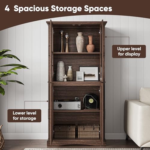 69-Tall-Farmhouse-Storage-Cabinet-Retro-Display-Cabinet-with-RGB-Lights-Freestanding-Kitchen-Pantry-Cabinet-with-2-Glass-Door-Cabinets-for-Kitchen-Living-Room-Home-Office-Brown 69 Tall Farmhouse Storage Cabinet Retro Display Cabinet with RGB Lights Freestanding Kitchen Pantry Cabinet with 2 Glass Door Cabinets for Kitchen Living Room Home Office Brown