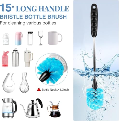 Image of Bottle Cleaner Brush Set, 3 Pcs Bottle Cleaning Brushes with 15 Inch Long Handle, Straw Brush & 3-in-1 Lid Cleaner for Water Bottles, Baby Bottles, Tumblers, Thermos, Flasks & Mugs