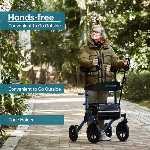 ELENKER All-Terrain Upright Rollator Walker, Stand up Rolling Walker with Seat, 12” Non-Pneumatic Wheels, Compact Folding Design for Seniors (Blue)