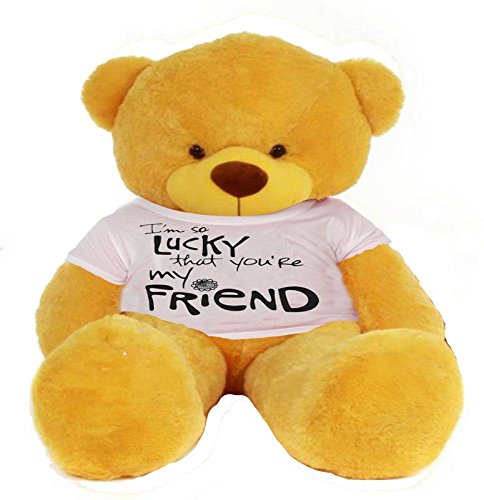 CLICK4DEAL Big Teddy Bear 4 feet Long Wearing A Lucky to Have U AS My Friend T-Shirt ( Bear 121 cm ) with Free Heart Shape Pillow Yellow