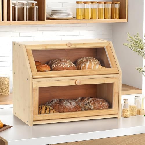 Bread-Box-for-Kitchen-Countertop-Large-Double-Layer-Bamboo-Bread-Storage-Box-with-Clear-Door-Includes-20-Bread-Bags-Labels-Farmhouse-Kitchen-Storage-Organizer-Natural-Bamboo