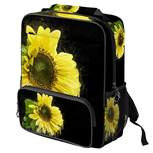 Sac à dos décontracté pour ordinateur portable et sac de travail noir imprimé tournesol