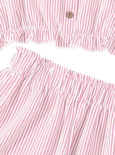 Image of Girl's Summer Clothing Sets Knit Ruffle Striped T-Shirt and Shorts 2 Piece Outfits