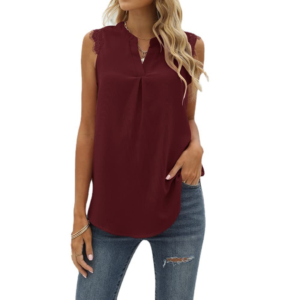 Coloody Mujer Camisetas Sin Mangas con Cuello en V Blusa sin Mangas Camisas Mangas Cortas de Encaje de Color sólido Casuales sin Mangas Blusa Shirts Tops