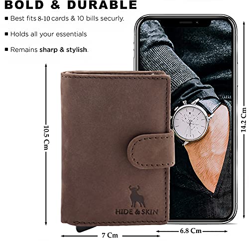 HIDE & SKIN FRONT POCKET 100% GENUINE LEATHER RFID BLOCKING MEN'S AND WOMEN'S SMALL SIZE MINIMALIST CARD HOLDER WITH 10 CARD CAPACITY(TEXAS BROWN)4