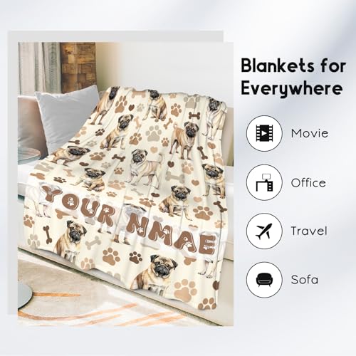 Custom Pug Blanket with Kids, 30x40 Inches Blanket with Dogs on it, Cozy Soft Throw Gifts for Dog Lovers, Cute Flannel Throw Blankets for Couch Office