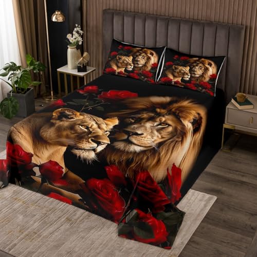 Homemissing Löwe Tagesdecke 240x260cm Jungen Mädchen Rose Löwe Bettüberwurf atmungsaktive weiche Safari Druck Steppdecke 3D Wilde Tiermuster Schlafzimmer Dekor Mikrofaser Reißverschluss