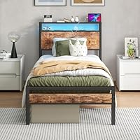 HOJINLINERO Single Bed Frame with Storage Shelf Headboard & LED Lights,Metal Platform Bed Frame with Charging Station,Mattress Base/Strong Slats Support/UnderBed Storage/Easy Assembly for Adults,Brown
